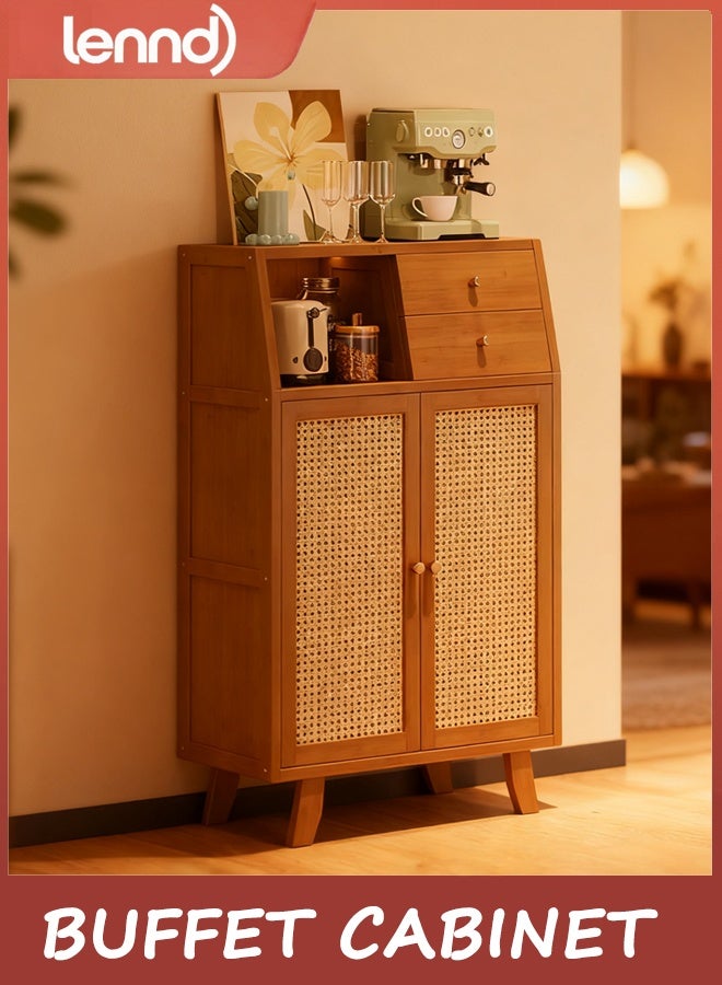 LENND Buffet Cabinet with Storage, Storage Cabinet with Rattan Decor Doors, Accent Sideboard Buffet with Solid Wood Feet, for Hallway, Entry, Living Room, Natural(95x66x32cm/37.4x26x12.6in) - Image 5