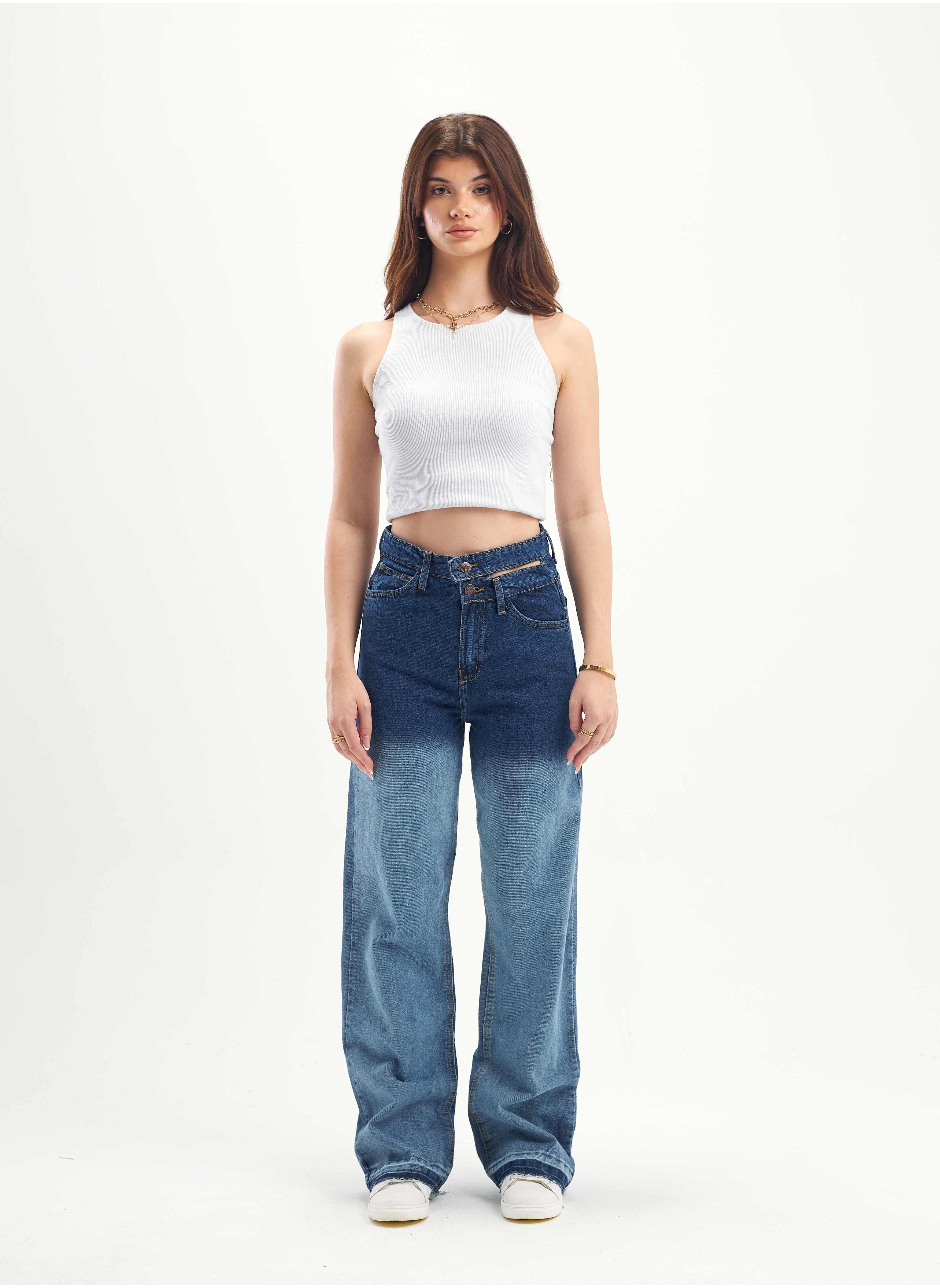 High-Waist Dark Wash Degrade Double Waisted Straight Wide Leg Jeans. 