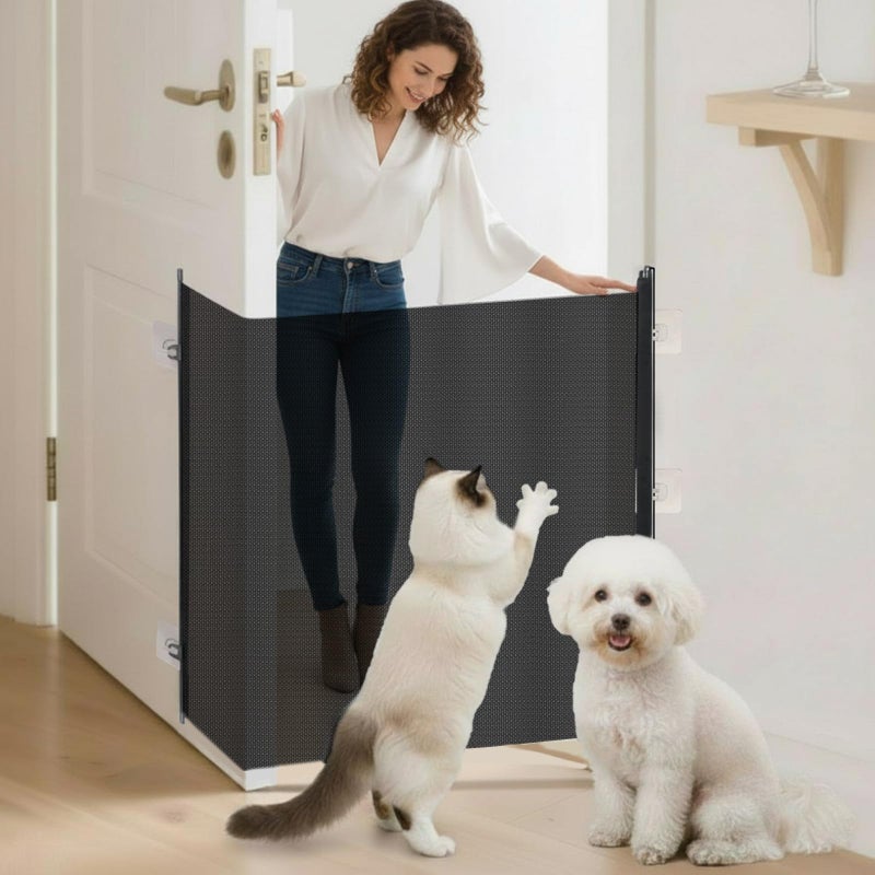 BrightRow Retractable Dog Gate No Drilling Screen Dog Mesh Gate for House Doorways Stairs Safety 30 x 70 Inches Large Pets Easy Install Anywhere Portable Adjustable with 5 Hanging Hooks Indoor(Black) - Image 1