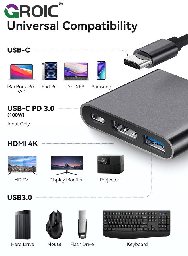 GROIC USB C to HDMI Multiport Adapter with Charging Port, HDMI to USB C Hub Adapter for Monitor to Laptop, USB-C to USB Adapter 10Gbps, USB C HDMI Adapter 4K Converter for Mac iPad pro MacBook Chromebook  - Image 2