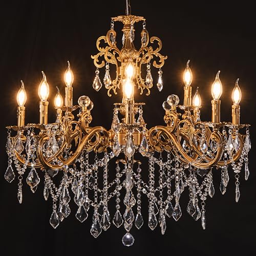 Wellmet Crystal Chandeliers Vintage Antique Bronze Chandelier 12 Lights Candle Pendant Ceiling Light Fixture for Dining Room Living Room Kitchen Bedroom Hallway Entryway Dia 35.9" - Image 1