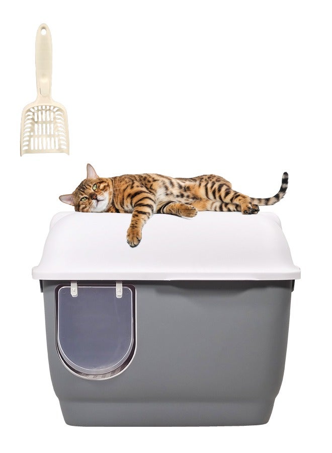 Large cat toilet with long aisle corridor style cats litter box, Fully enclosed durable cat toilet with litter scoop, Anti-Splashing, Odorless and open cover (Gray) 57 cm Long