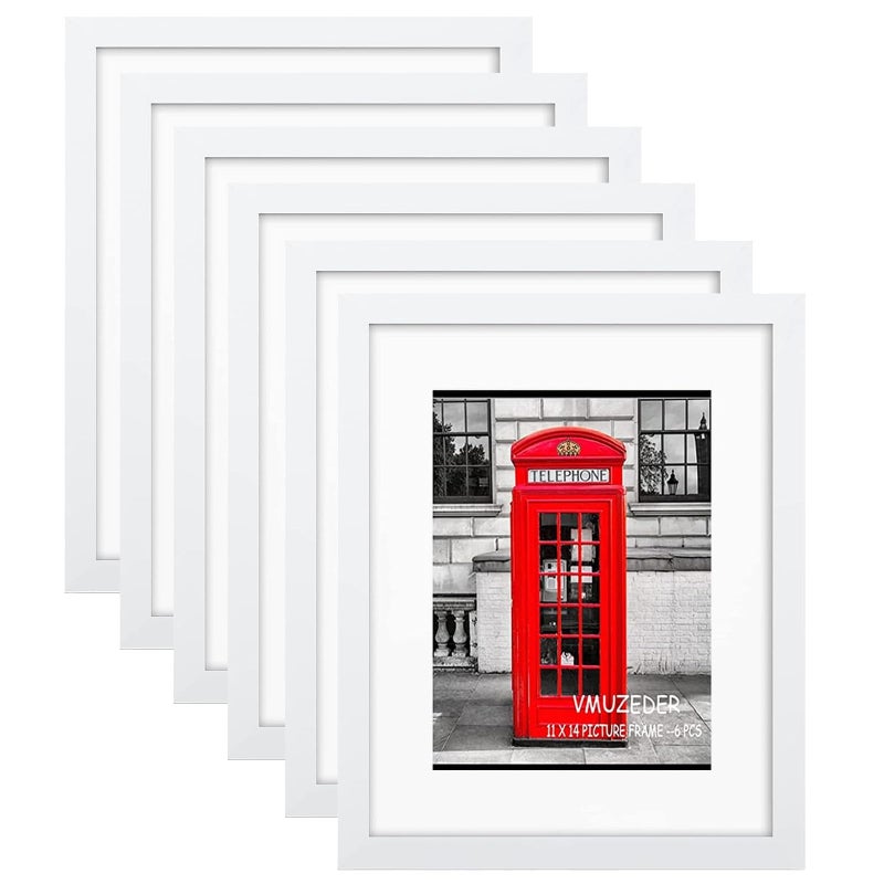 VMUZEDER 11x14 Picture Frame Rustic White Set of 6Display Pictures 8x10 with Mat or 11x14 Without MatMulti Photo Frames Collage for Wall or Tabletop Display