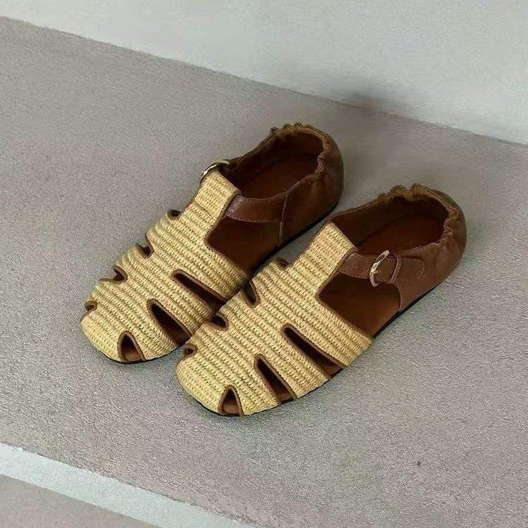 Women's Yellow Woven Mary Jane Flat Sandals - Image 4