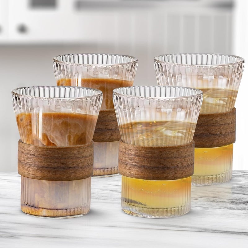 The Better Home The Better Home Glass Tea and Coffee Mugs 280ml Each Pack of 4 House Warming Gifts Tea Cup Set LeadFree Glass Cups with Anti Slip Wooden Sleeves for Hot Cold Beverages Mugs for Coffee - Image 1
