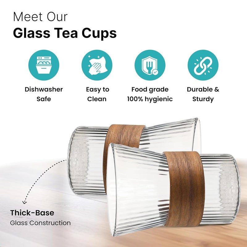The Better Home The Better Home Glass Tea and Coffee Mugs 280ml Each Pack of 4 House Warming Gifts Tea Cup Set LeadFree Glass Cups with Anti Slip Wooden Sleeves for Hot Cold Beverages Mugs for Coffee - Image 3