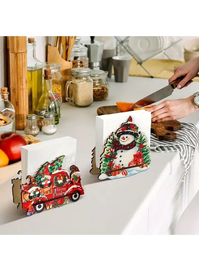 Wooden Napkin Holder Christmas Truck Or Snowman Design Festive Table Decoration - Image 1