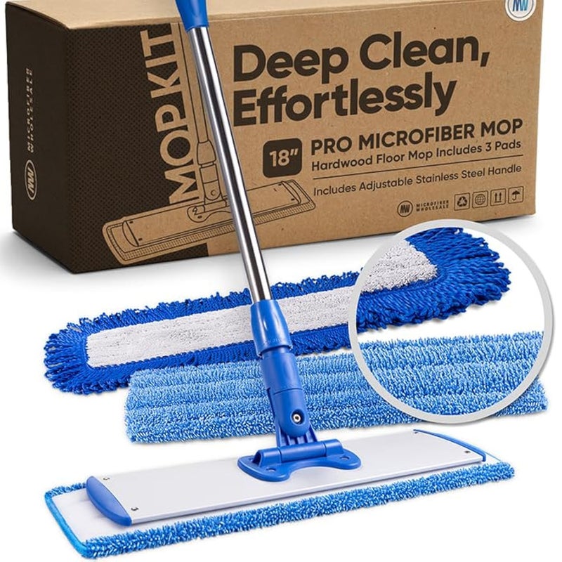 Microfiber Wholesale 18 Professional Microfiber Mop  Hardwood Floor Mop  Dry  Wet Mop for Wood Laminate Tile Vinyl Floors  Washable Pads  Wet  Dust Mopping  Adjustable Handle