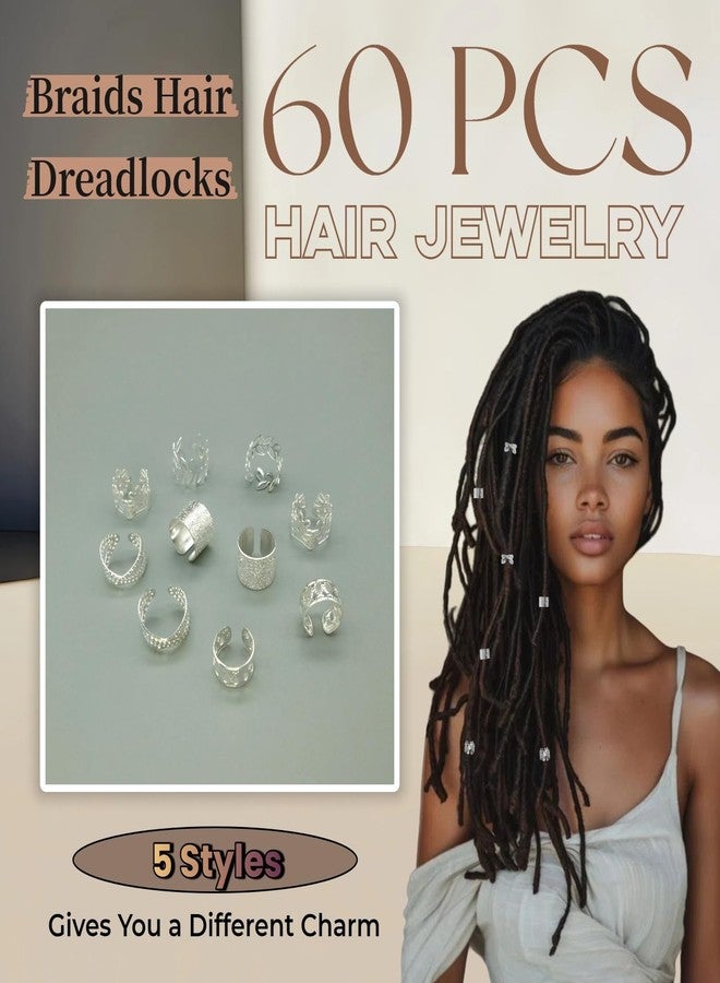 Glamer 60 Pcs Silver Hair Jewelry Kit for Braids and Dreadlocks, 5 Styles Metal Hair Clips Rings and Accessories, Loc Jewels Braid Decorations for Women - Image 2