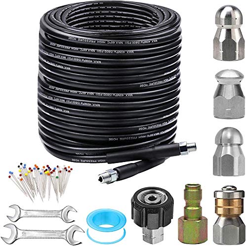 ZOFINE Sewer Jetter Kit for Pressure Washer 150FT, 5800PSI Drain Cleaner Hose 1/4 Inch NPT Corner, Rotating and Button Nose Sewer Jetting Nozzle Pearl Corsage Pin Waterproof Tape with 2 Spanner - Image 1