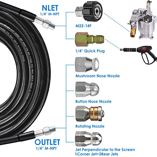 ZOFINE Sewer Jetter Kit for Pressure Washer 150FT, 5800PSI Drain Cleaner Hose 1/4 Inch NPT Corner, Rotating and Button Nose Sewer Jetting Nozzle Pearl Corsage Pin Waterproof Tape with 2 Spanner - Image 2