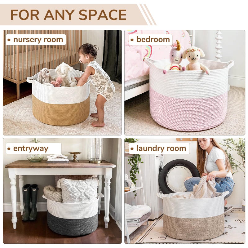INDRESSME Large Laundry Basket, 21.7'' x 13.8'' Cotton Rope Blanket Basket Living Room Toy Baskets Storage Kids, Woven Baskets for Dirty Clothes, Pillows, Towel, 90L Light Brown - Image 5
