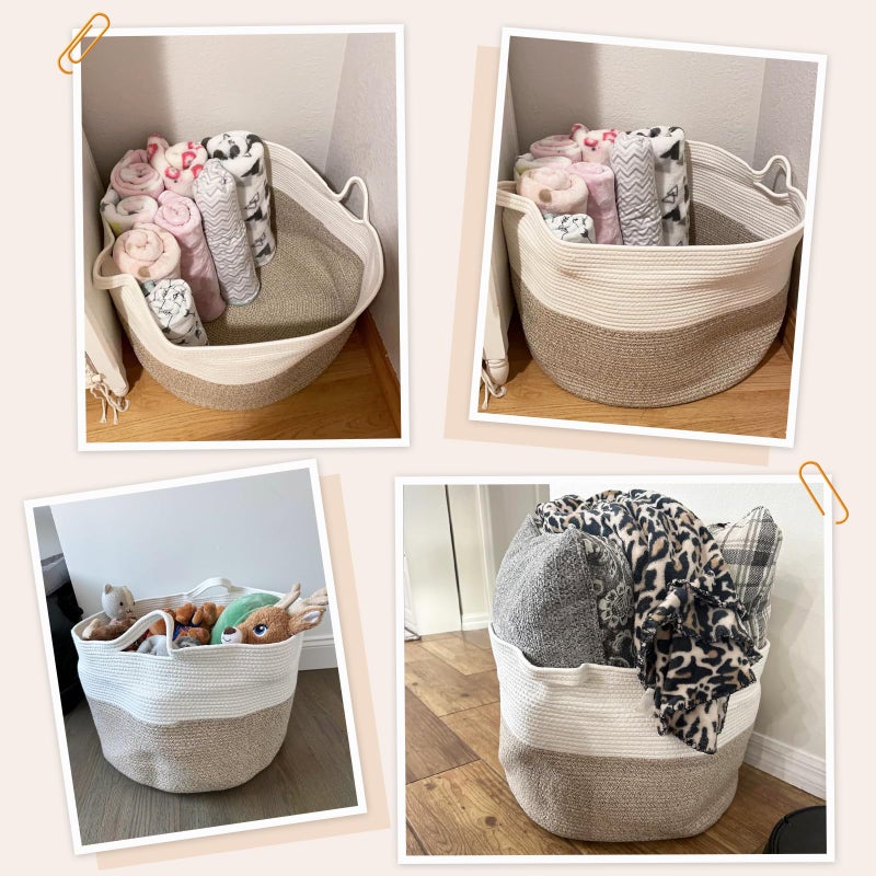 INDRESSME Large Laundry Basket, 21.7'' x 13.8'' Cotton Rope Blanket Basket Living Room Toy Baskets Storage Kids, Woven Baskets for Dirty Clothes, Pillows, Towel, 90L Light Brown - Image 4