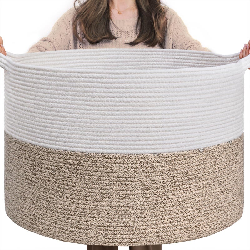 INDRESSME Large Laundry Basket, 21.7'' x 13.8'' Cotton Rope Blanket Basket Living Room Toy Baskets Storage Kids, Woven Baskets for Dirty Clothes, Pillows, Towel, 90L Light Brown - Image 1