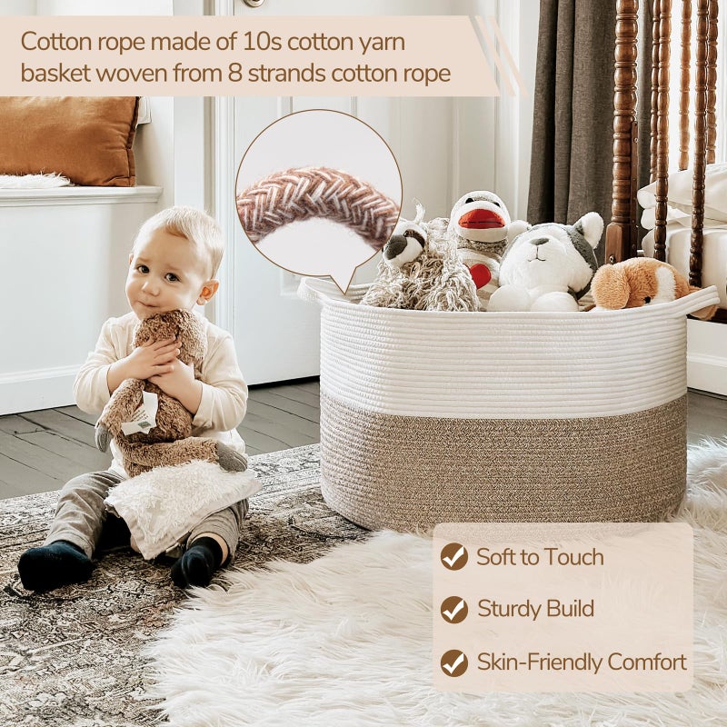 INDRESSME Large Laundry Basket, 21.7'' x 13.8'' Cotton Rope Blanket Basket Living Room Toy Baskets Storage Kids, Woven Baskets for Dirty Clothes, Pillows, Towel, 90L Light Brown - Image 2