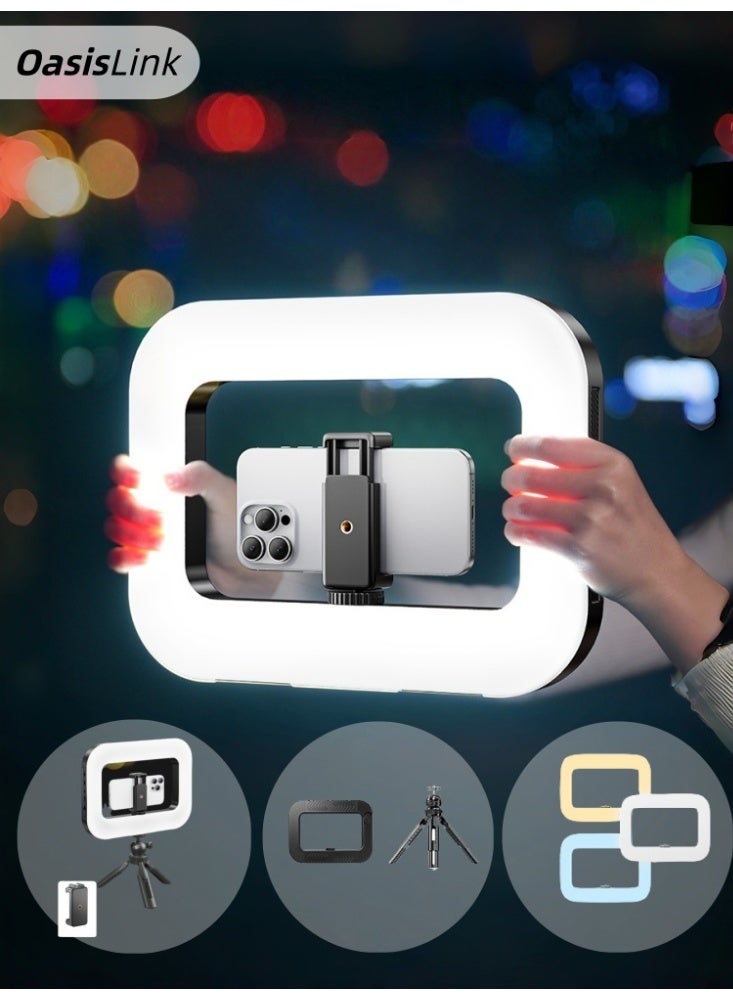 OasisLink Rechargeable Selfie Portable Ring Light, Adjustable 3-Color Fill Light, Rechargeable Ring Light with Wireless Square Design and 8000mah Battery, Mobile Video Stabilizer for iPhone (with Tripod) (with Tripod - Image 1