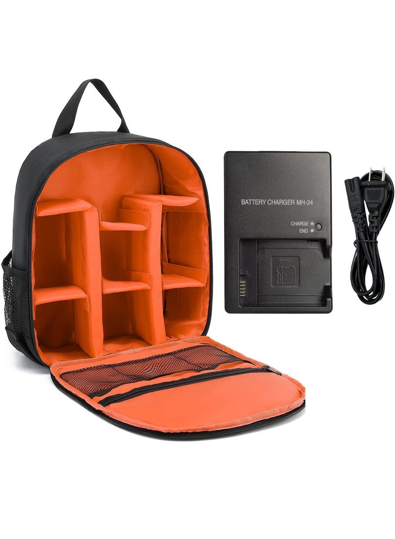 عام حقيبة ظهر قابلة للتحويل لكاميرا DSLR (أسود/برتقالي) - مقاومة للماء، ملائمة قابلة للتعديل مع أحزمة مبطنة، تصميم للجنسين، مثالية للمغامرات الخارجية والرحلات والمشي لمسافات طويلة وشاحن بطارية سريع MH-24 لبطارية EN-EL14 متوافقة مع كاميرات Nikon P7000 P7100 P7200 P7700 P7800 D5100 D5200 D5300 D5500 D5600 D3100 D3200 D3300 D3500 - Image 1