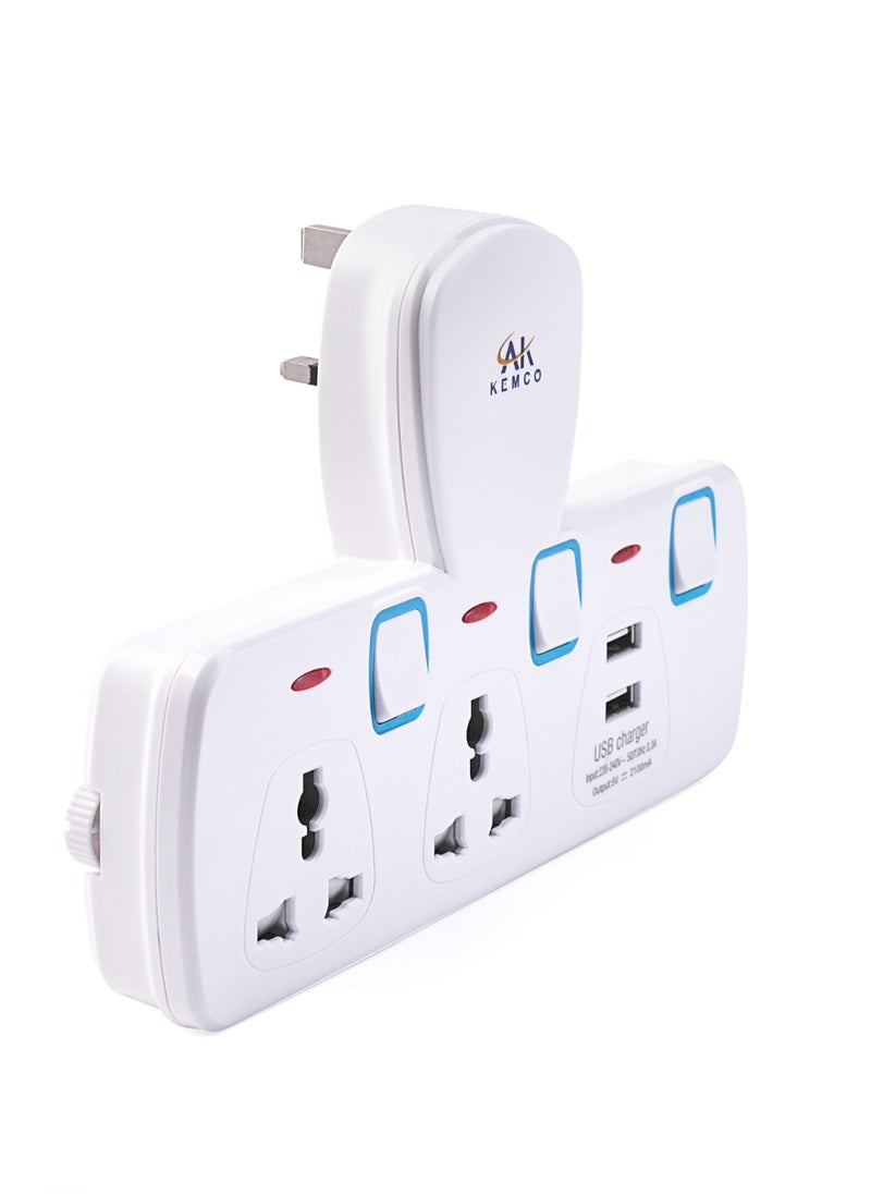 AK KEMCO Kemco 2 Way Universal Multi Adaptor with two USB charging ports T-Type Multi Wall Socket  AK-303TU  - Image 1