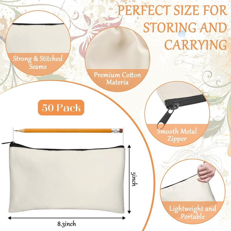 Legigo 50 Pack Blank DIY Craft Bag Canvas Pencil Case Blank Makeup Bags- Beige Canvas Pencil Pouch Bulk Canvas Cosmetic Bag Multi-Purpose Travel Toiletry Bag Canvas Zipper Bags (8.3 × 5 Inch) - Image 2