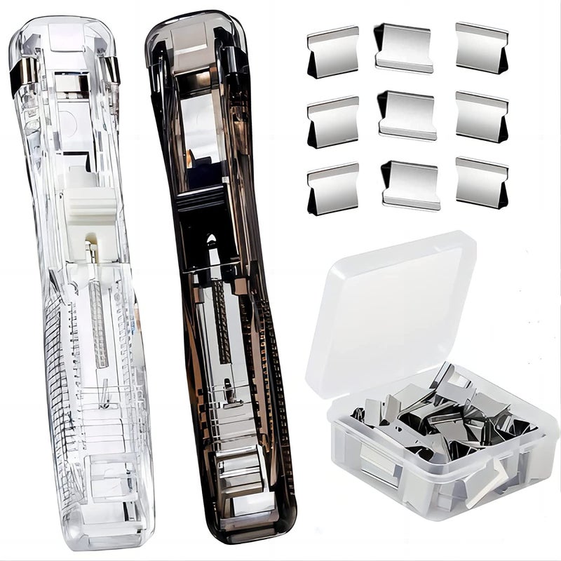 FEXONXA موزع مشبك ورق محمول يدوي مع 50 مشبك فولاذي مقاوم للصدأ – مجموعة مشابك قابلة لإعادة الاستخدام للمستندات، المكتب، المنزل، والمدرسة (1 قطعة دباسة + 50 مشبك) - Image 1