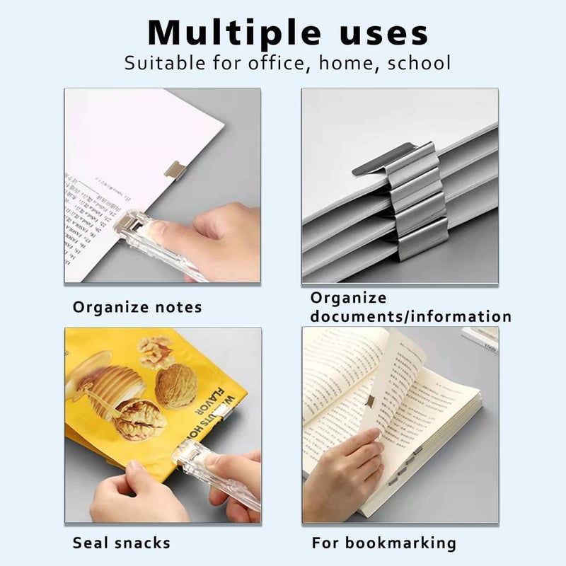 FEXONXA موزع مشبك ورق محمول يدوي مع 50 مشبك فولاذي مقاوم للصدأ – مجموعة مشابك قابلة لإعادة الاستخدام للمستندات، المكتب، المنزل، والمدرسة (1 قطعة دباسة + 50 مشبك) - Image 2