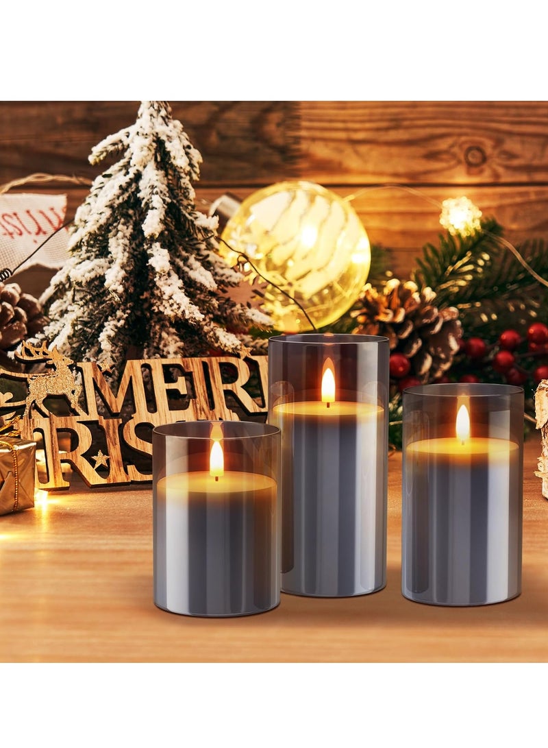 عام مجموعة شموع عديمة اللهب LED باللون الرمادي، شموع شموع الشاي تعمل بالبطارية، شموع زجاجية عديمة اللهب لعيد الحب مع جهاز تحكم عن بعد، 3 شموع وهمية شموع LED، زفاف، ديكورات الطاولة - Image 2