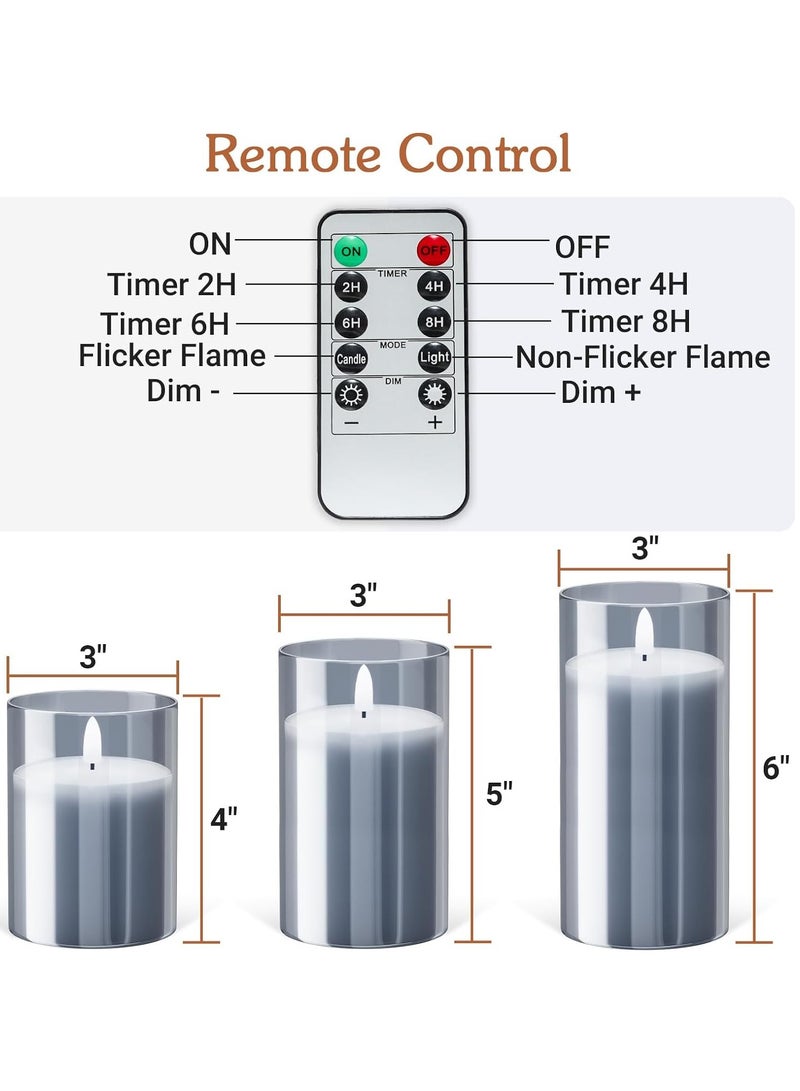 عام مجموعة شموع عديمة اللهب LED باللون الرمادي، شموع شموع الشاي تعمل بالبطارية، شموع زجاجية عديمة اللهب لعيد الحب مع جهاز تحكم عن بعد، 3 شموع وهمية شموع LED، زفاف، ديكورات الطاولة - Image 3