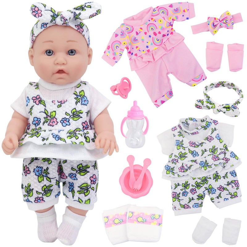 Ecore Fun 12 Inch Baby Doll with Clothes and Accessories 16 Pcs Reborn Alive Doll Playset Sets Include 12 Inch Doll 2 Sets of Clothes Headband Soft Socks Tableware  Feeding Bottle  Diapers Nipple - Image 1