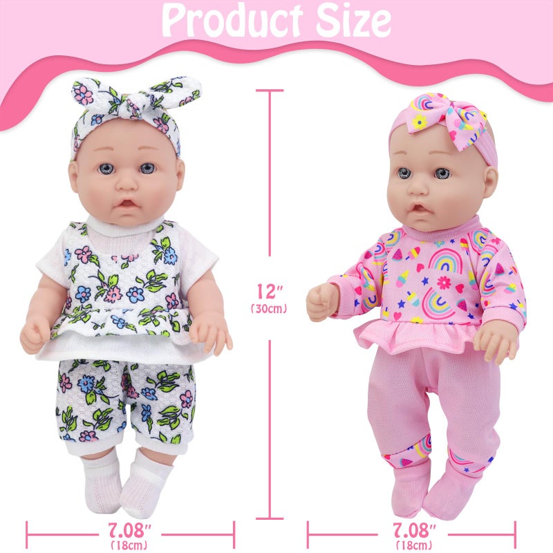 Ecore Fun 12 Inch Baby Doll with Clothes and Accessories 16 Pcs Reborn Alive Doll Playset Sets Include 12 Inch Doll 2 Sets of Clothes Headband Soft Socks Tableware  Feeding Bottle  Diapers Nipple - Image 3