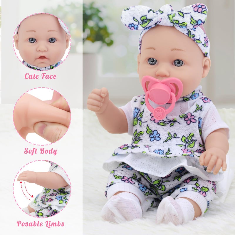 Ecore Fun 12 Inch Baby Doll with Clothes and Accessories 16 Pcs Reborn Alive Doll Playset Sets Include 12 Inch Doll 2 Sets of Clothes Headband Soft Socks Tableware  Feeding Bottle  Diapers Nipple - Image 4