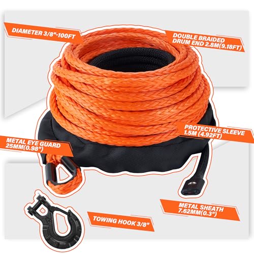 TYT Synthetic Winch Rope 3/8" X 92' with Hook, 27000LBS Synthentic Winch Cable Kit with Protective Sleeve for 4WD Off Road Vehicle Truck SUV Jeep (Orange) - Image 3
