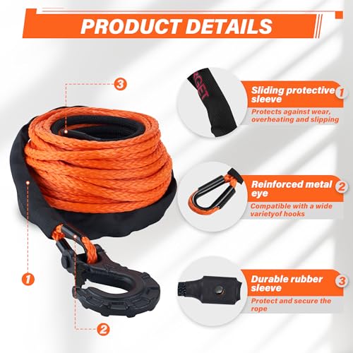 TYT Synthetic Winch Rope 3/8" X 92' with Hook, 27000LBS Synthentic Winch Cable Kit with Protective Sleeve for 4WD Off Road Vehicle Truck SUV Jeep (Orange) - Image 4