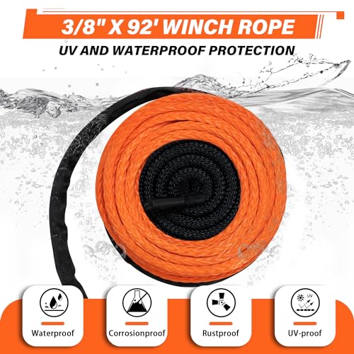 TYT Synthetic Winch Rope 3/8" X 92' with Hook, 27000LBS Synthentic Winch Cable Kit with Protective Sleeve for 4WD Off Road Vehicle Truck SUV Jeep (Orange) - Image 2
