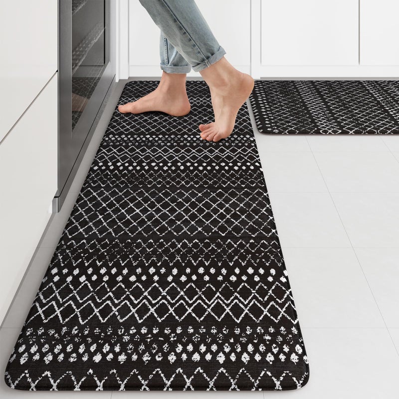 KIMODE Anti Fatigue Mats for Kitchen Floor 17"x47"+17"x29", Black Boho Kitchen Rugs Sets of 2, Cushioned Kitchen Floor Mats, Non Slip Standing Mats for Sink Laundry Office Desk - Image 1