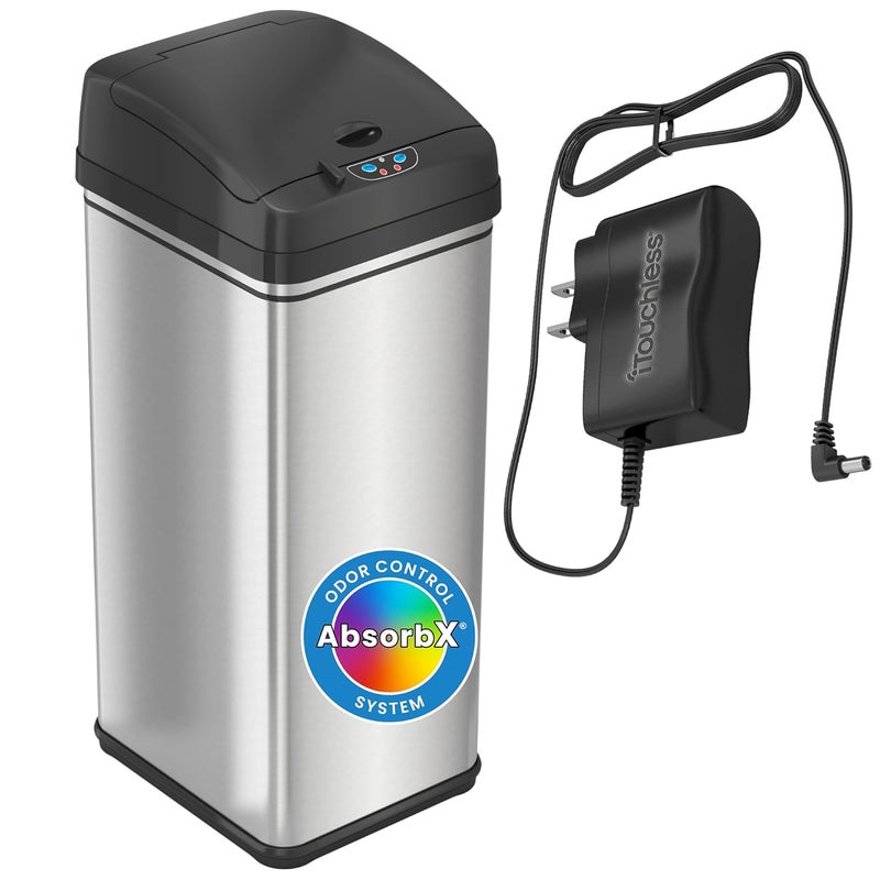 iTouchless 13 Gallon Sensor Trash Can with AC Adapter, Battery-Free Stainless Steel Automatic Bin with Odor Filter, Great for Kitchen and Office - Image 1
