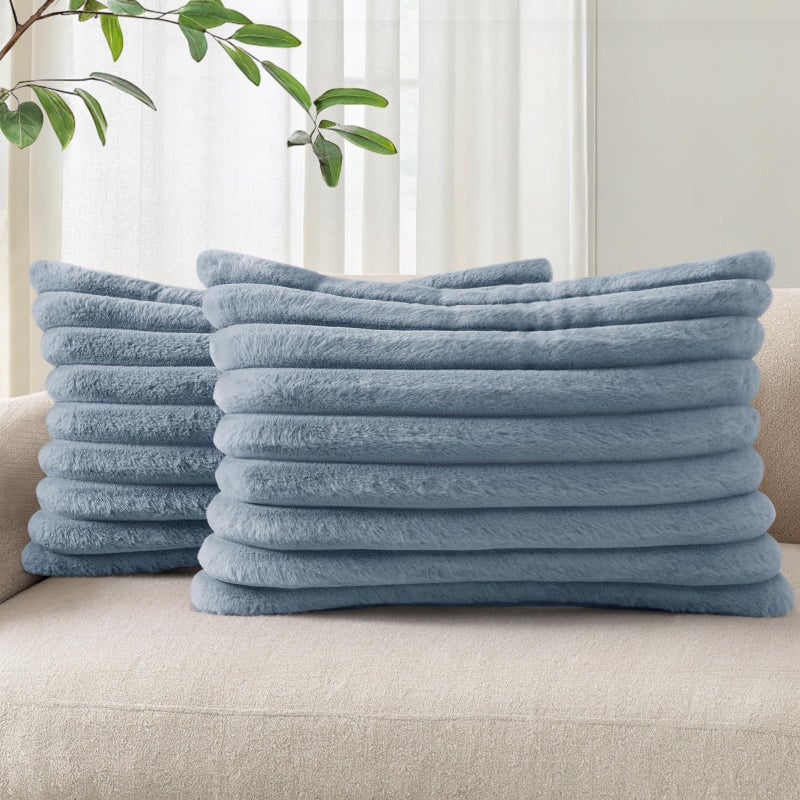 Pallene Faux Fur Plush Lumbar Throw Pillow Covers 12X20 Set Of 2  Luxury Soft Fluffy Striped Decorative Pillow Covers For Sofa  Couch  Living Room  Blue Grey - Image 1