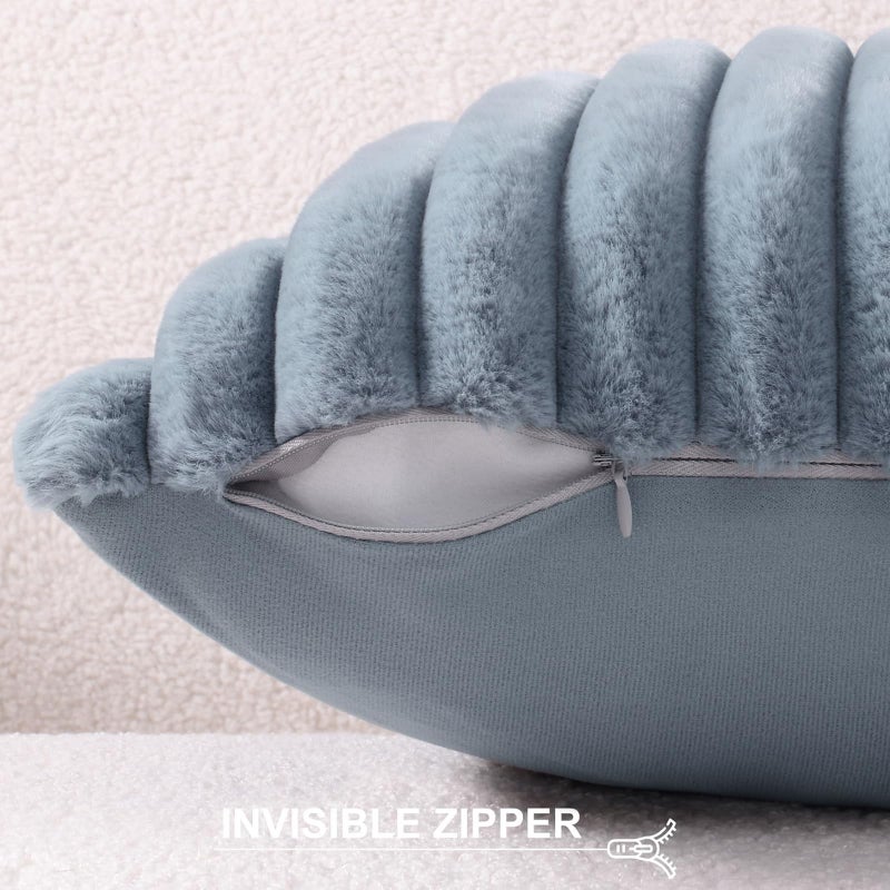 Pallene Faux Fur Plush Lumbar Throw Pillow Covers 12X20 Set Of 2  Luxury Soft Fluffy Striped Decorative Pillow Covers For Sofa  Couch  Living Room  Blue Grey - Image 3