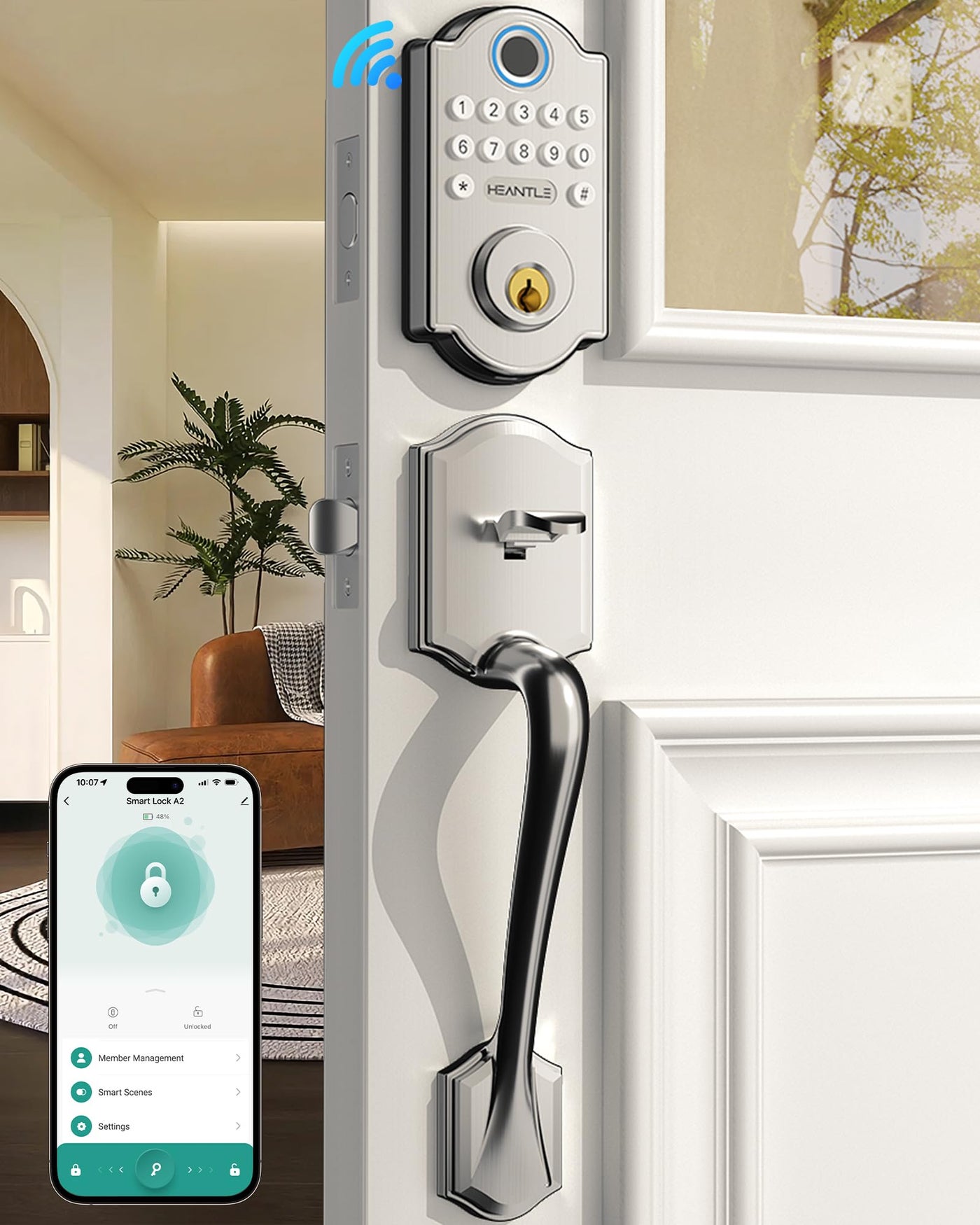 Keyless Fingerprint Door Lock Set HEANTLE WiFi Front Door Lock with Handles Alexa Smart Electronic Digital Keypad Deadbolt Sets App Remote Control Auto Satin Nickel