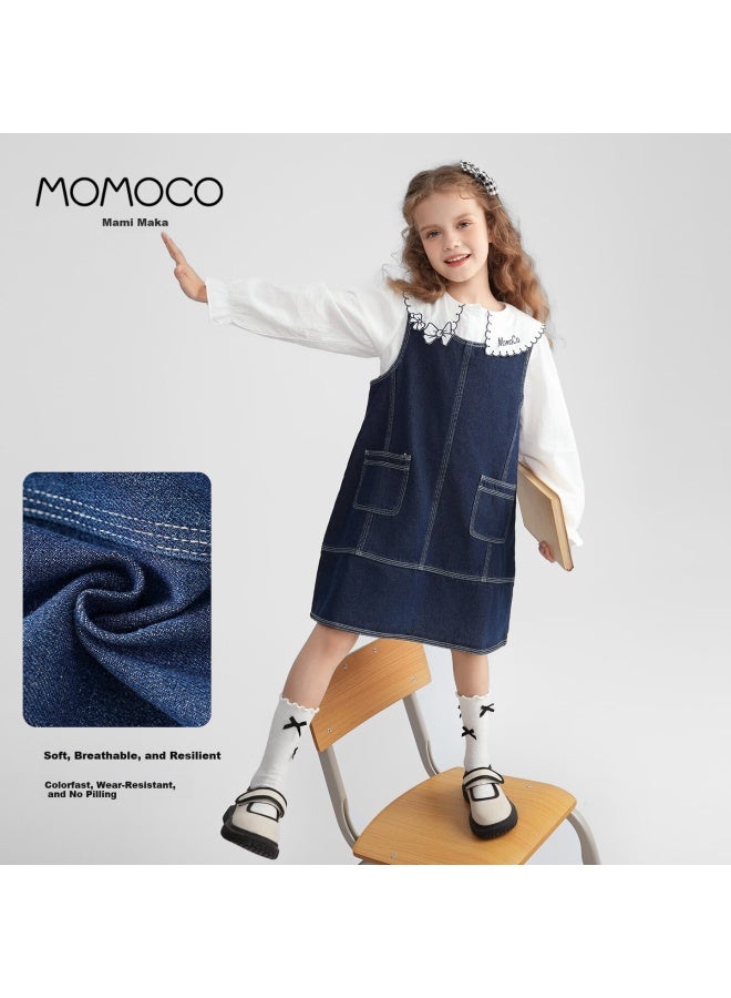 Momoco Girls' Denim Vest Dress Spring And Autumn Stylish Denim Blue 110