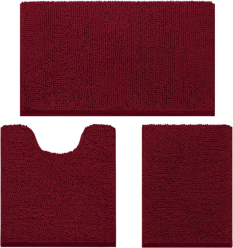 HOMEIDEAS Burgundy Chenille Bathroom Rugs Set of 3 - Non Slip, Super Absorbent Microfiber Mats - Image 1
