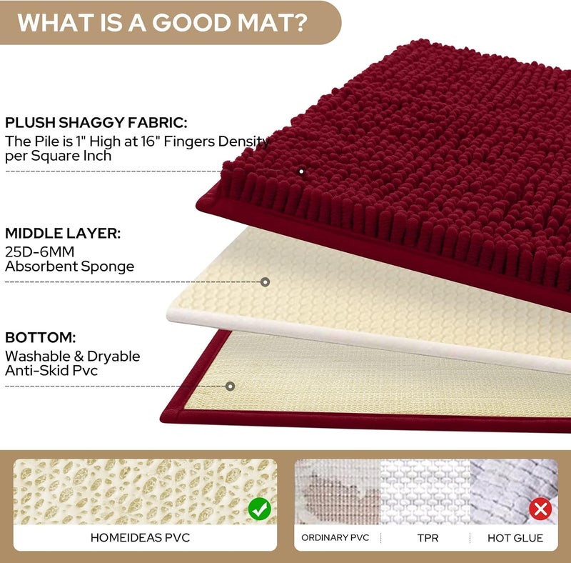 HOMEIDEAS Burgundy Chenille Bathroom Rugs Set of 3 - Non Slip, Super Absorbent Microfiber Mats - Image 4