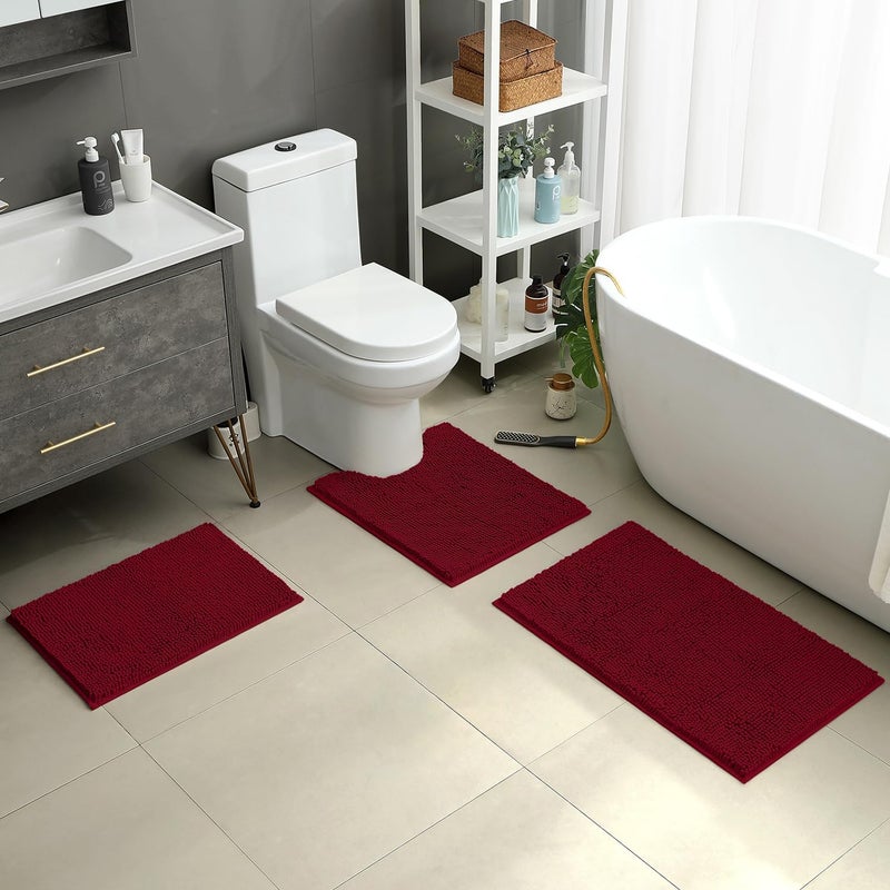 HOMEIDEAS Burgundy Chenille Bathroom Rugs Set of 3 - Non Slip, Super Absorbent Microfiber Mats - Image 2