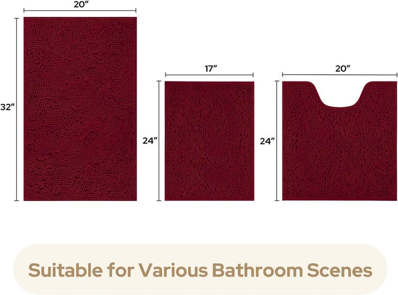 HOMEIDEAS Burgundy Chenille Bathroom Rugs Set of 3 - Non Slip, Super Absorbent Microfiber Mats - Image 3