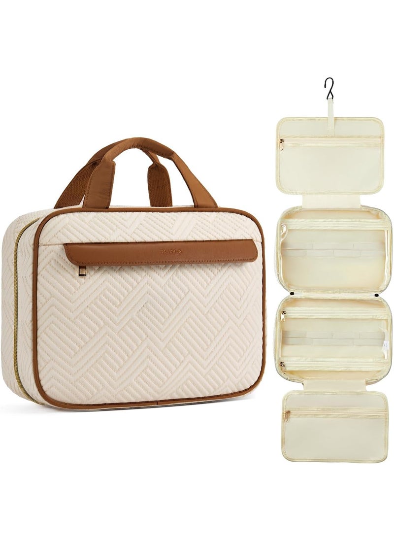 Telena Telena Hanging Travel Toiletry Bag - Quilted Convenient & Stylish Organizer for Traveling Women, Beige with Browm 