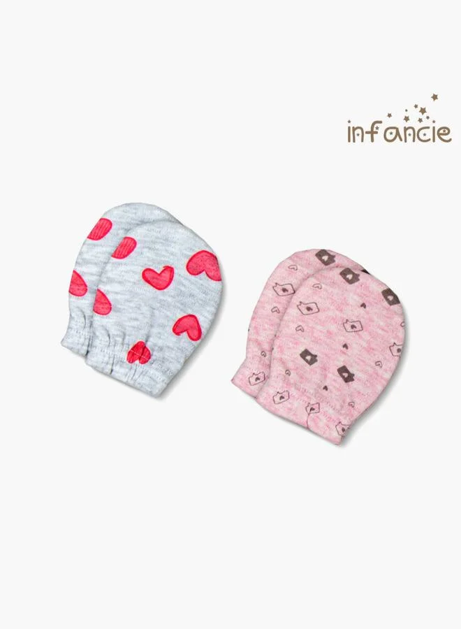 infancie Pack of 2- Heart Print Cotton Baby Mittens