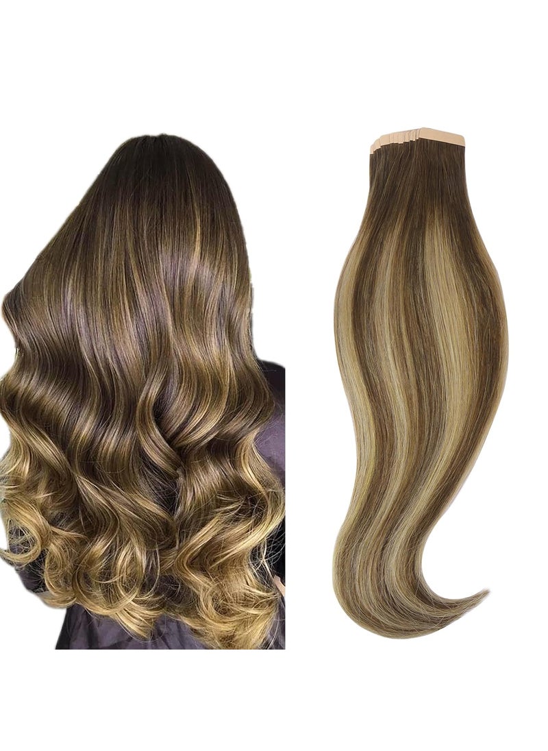 hotbanana - HOTBANANA Tape in Hair Extensions, 16 Inch 20pcs 50g Balayage Chocolate Brown Mixed Caramel Blonde Tape in Real Remy Human Hair Extensions Straight - Image 1