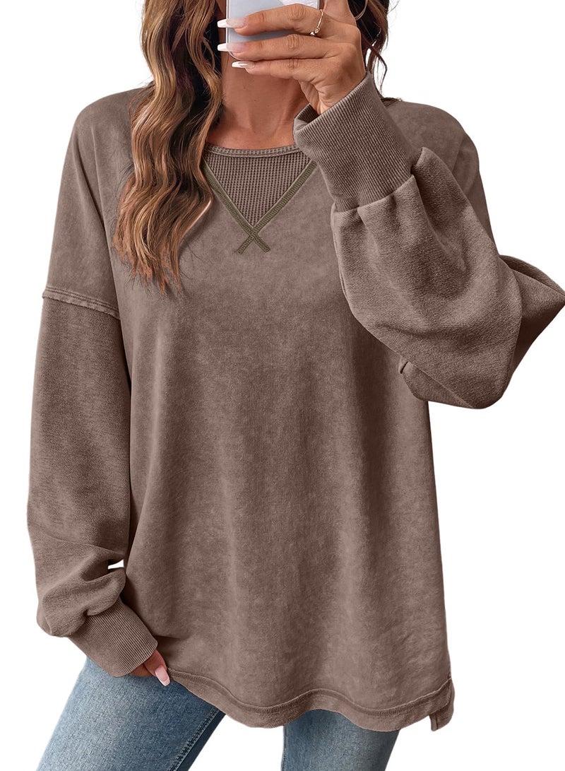 Shein SHEWIN Sweatshirt for Women Casual Crewneck Sweatshirts Lightweight Long Sleeve Shirts Oversized Fall Tops Winter Clothing for Women,(US 4-6) S,Coffee - Image 1