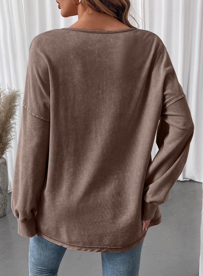 Shein SHEWIN Sweatshirt for Women Casual Crewneck Sweatshirts Lightweight Long Sleeve Shirts Oversized Fall Tops Winter Clothing for Women,(US 4-6) S,Coffee - Image 5