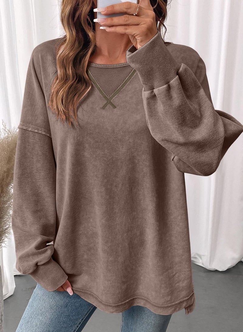 Shein SHEWIN Sweatshirt for Women Casual Crewneck Sweatshirts Lightweight Long Sleeve Shirts Oversized Fall Tops Winter Clothing for Women,(US 4-6) S,Coffee - Image 2