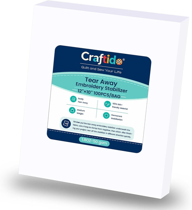 craftido كرافتيدو مثبت تطريز قابل للتمزيق 12 بوصة × 10 بوصة 100 ورقة لطارات 4x4 و 6x6 1.8 أونصة وزن متوسط للتطريز الآلي والخياطة اليدوية - Image 1